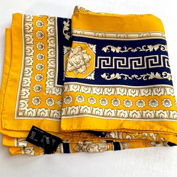 Atelier Versace silk scarf yellow navy blue white 34” by 35” NEW